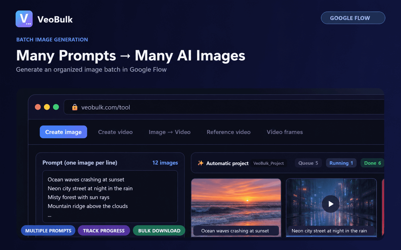 VeoBulk batch image workflow running on Google Flow