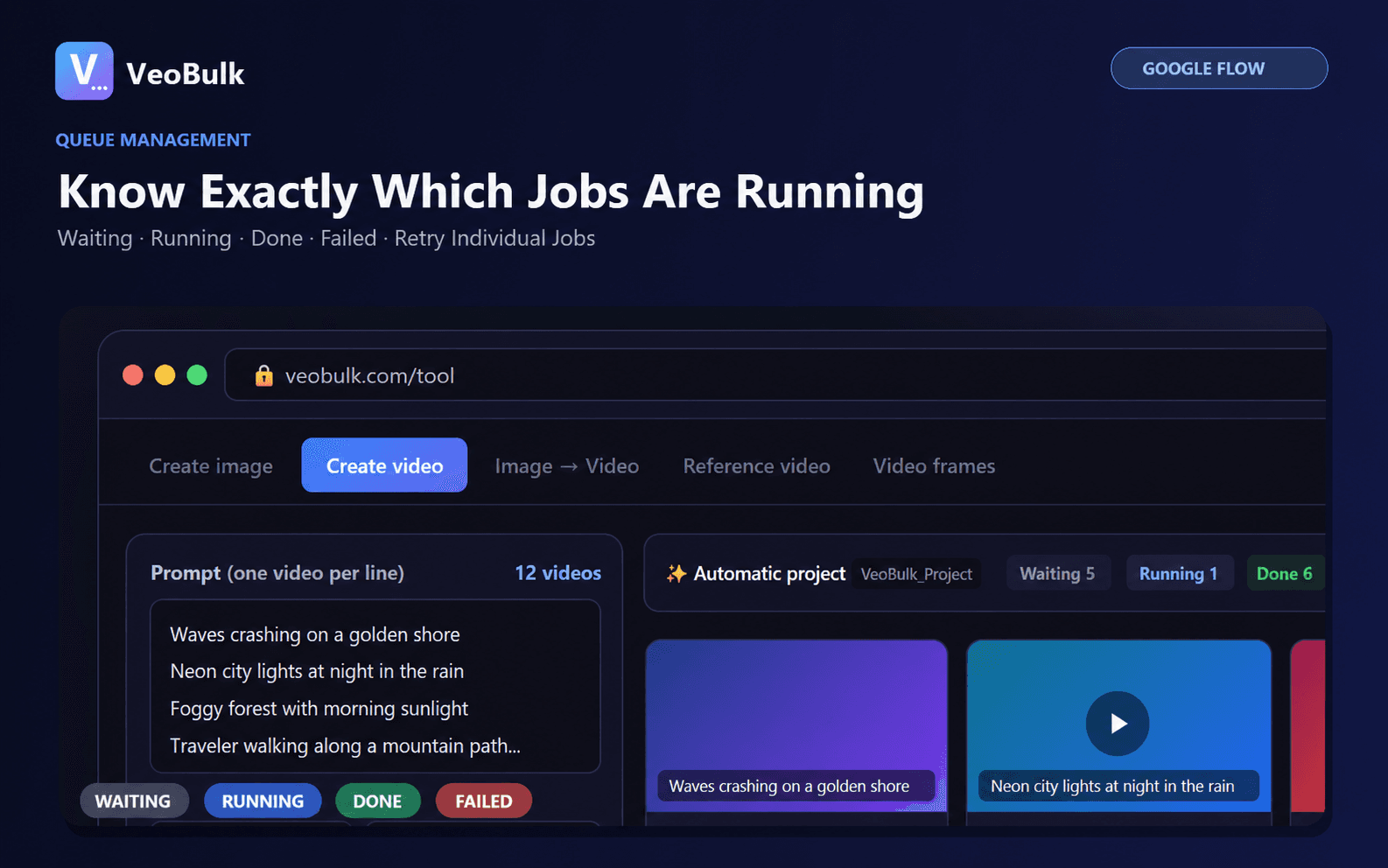 Google Flow automation queue in VeoBulk